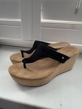 UGG Black Suede Wedge Thong Sandals with Tan Platform